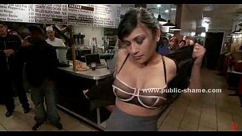 Dark brown chick played in public group sex
